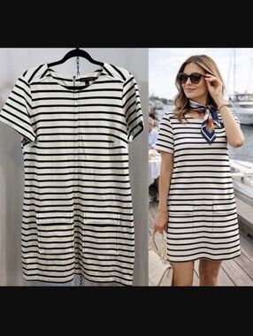 Banana Republic Ivory Black Striped Mini Dress XL Pockets Shift Chic